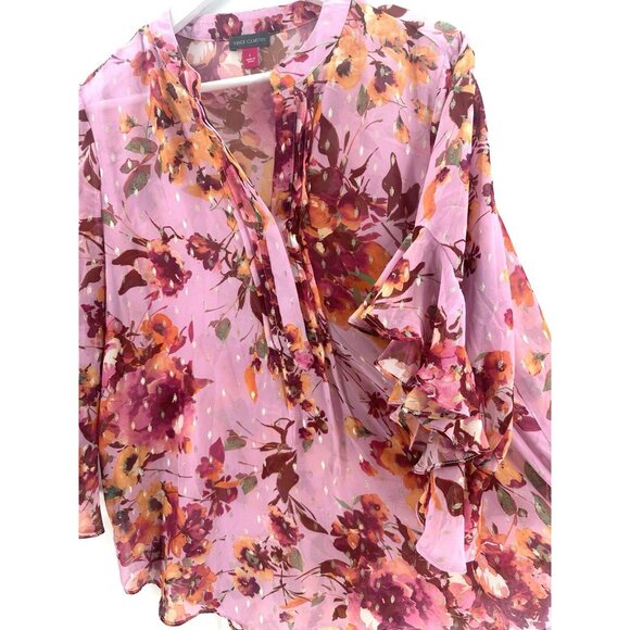 Vince Camuto Pink Purple Floral-Print Flutter-Sleeve Blouse Size L Boho AC35 - Picture 8 of 10